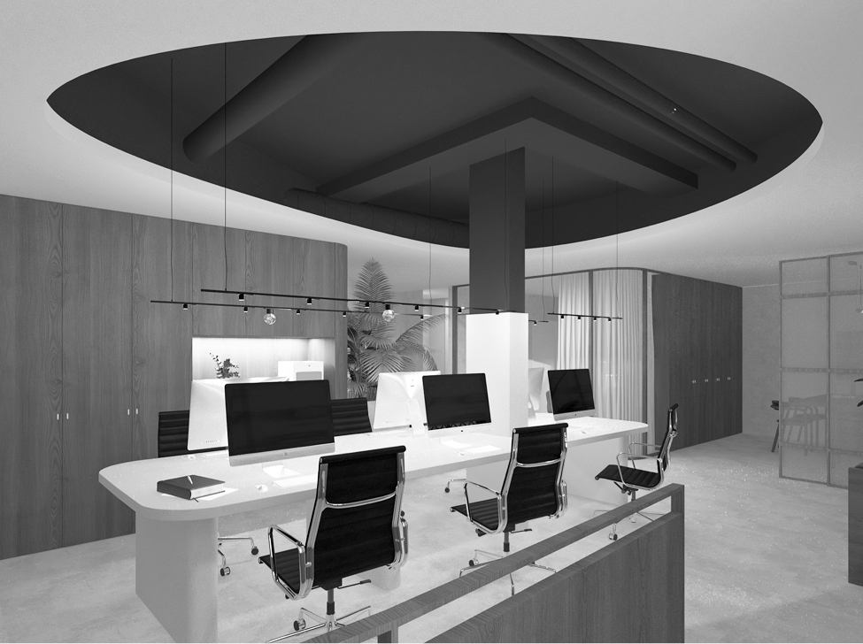 Black-and-white modern office interior with central worktable, four computer stations, executive chairs, and wood cabinetry