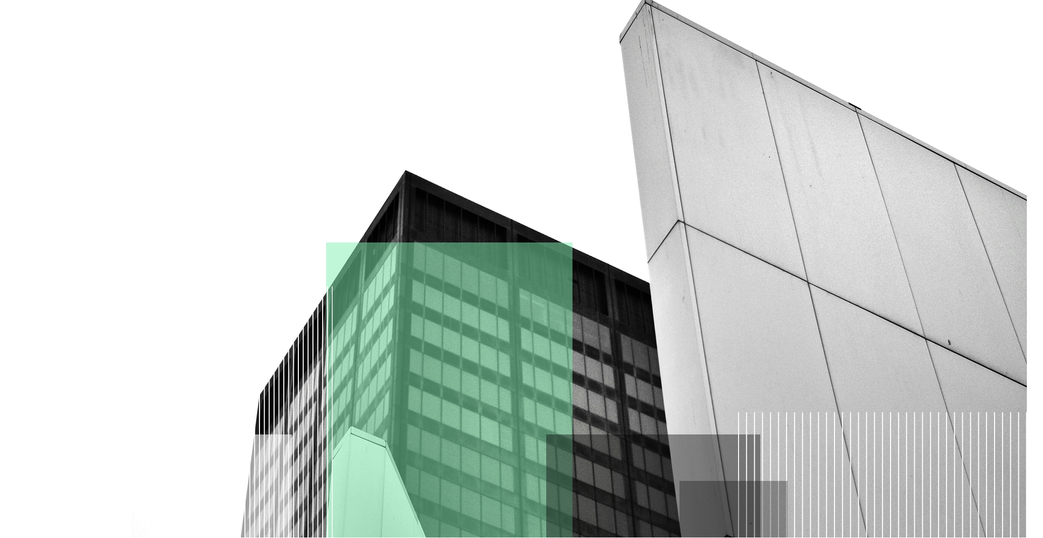 Composición arquitectónica en blanco y negro con volúmenes geométricos de fachada metálica y torre de oficinas con ventanas en cuadrícula